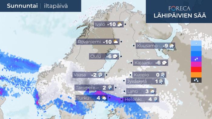 Maan etelä- ja keskiosaan leviää lumisateita sunnuntaina 1. maaliskuuta. Sateet muuttuvat kuitenkin edetessään vedeksi ainakin etelässä.